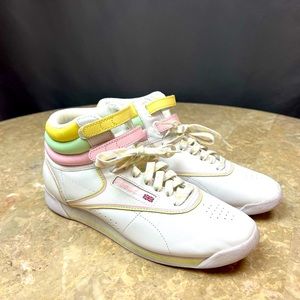 Reebok Freestyle Hi Tops Retro Sneakers White Pink Yellow Green - pls read below